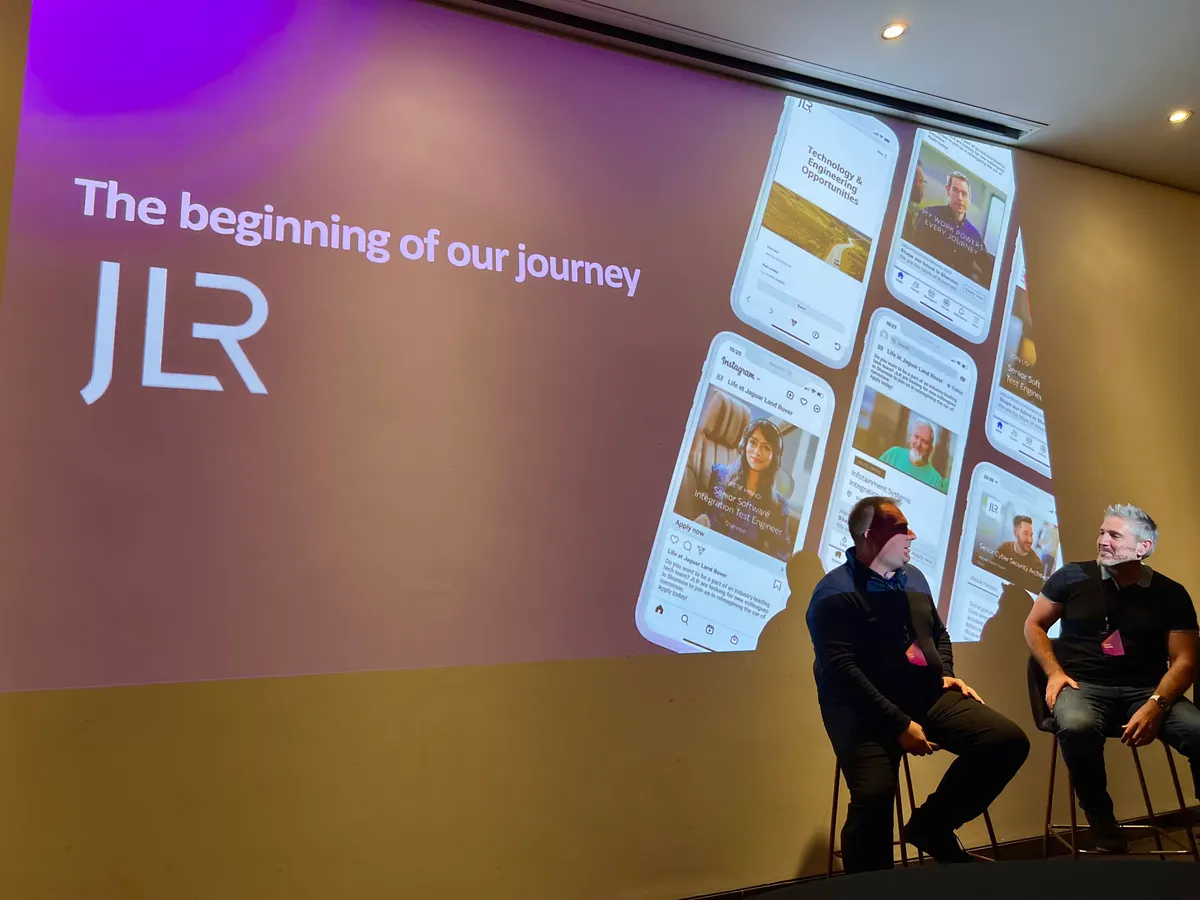 Speakers presenting Jaguar Land Rover's social recruitment journey on stage