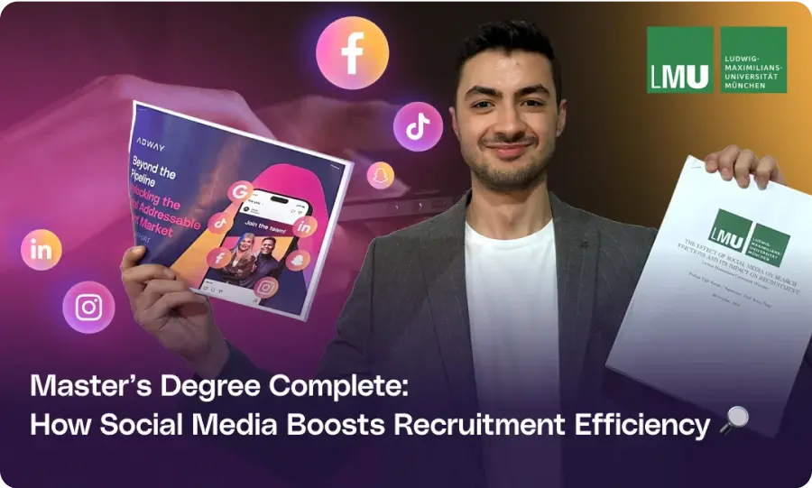 Researcher F. Yiğit Kavak holding his completed master's thesis, with the caption 'Master's Degree Complete: How Social Media Boosts Recruitment Efficiency' and the LMU München logo
