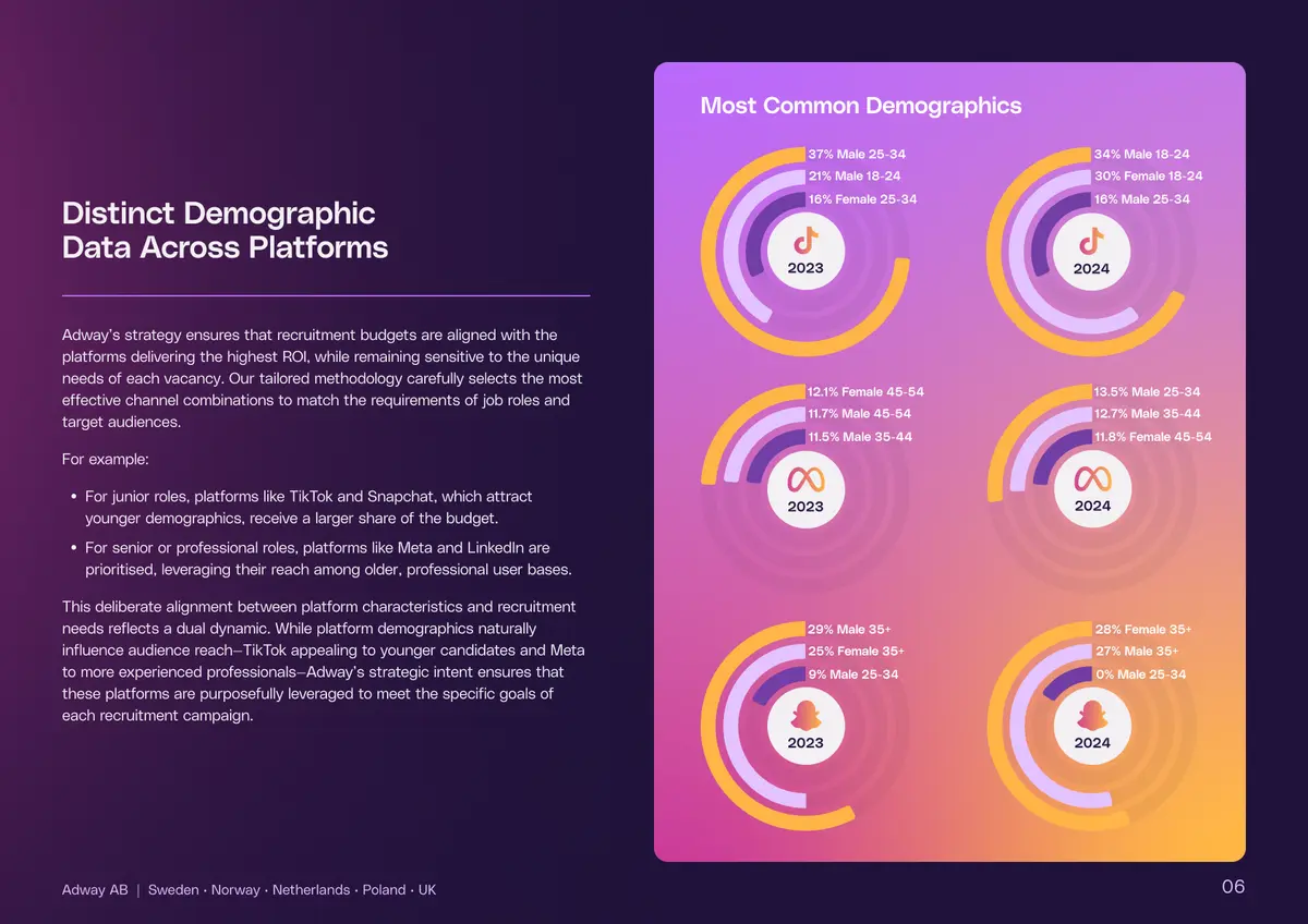 Report spread — Distinct Demographic Data Across Platforms, with audience demographic charts for TikTok, Instagram and Meta