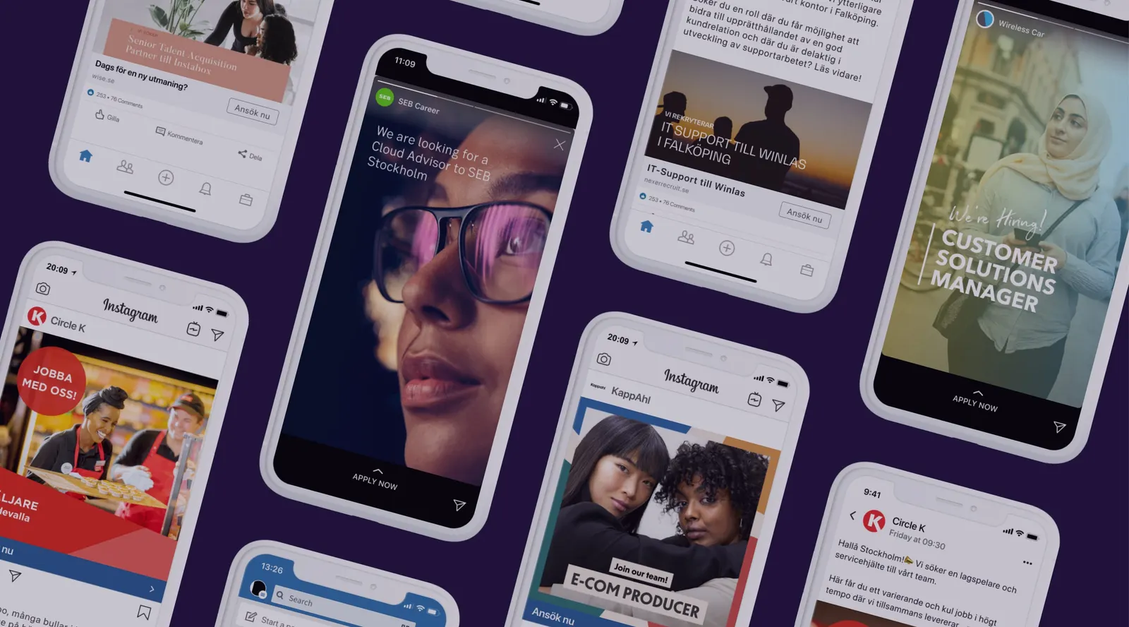 Collage of phones showing automated social job ads for brands like SEB, Circle K and KappAhl across Facebook and Instagram feeds and stories