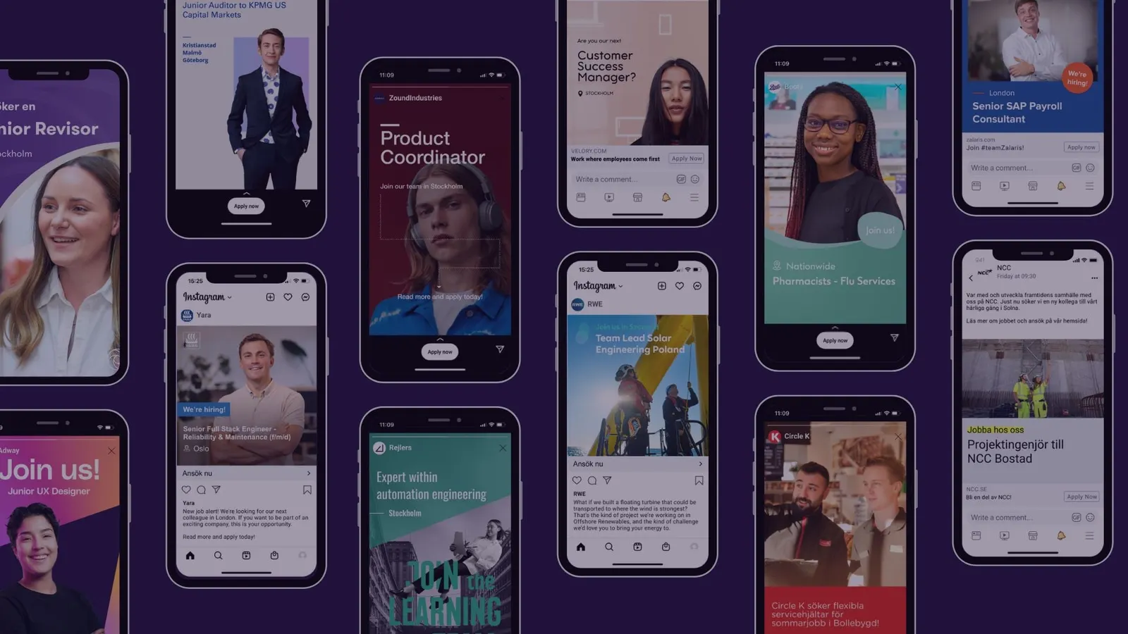Grid of phones showing client-branded social job ads on Facebook, Instagram and LinkedIn
